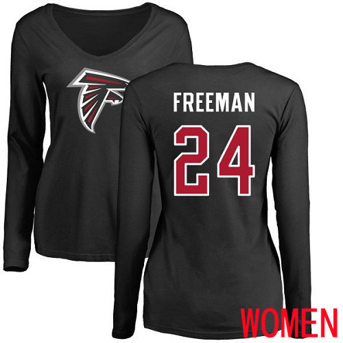 Atlanta Falcons Black Women Devonta Freeman Name And Number Logo NFL Football #24 Long Sleeve T Shirt